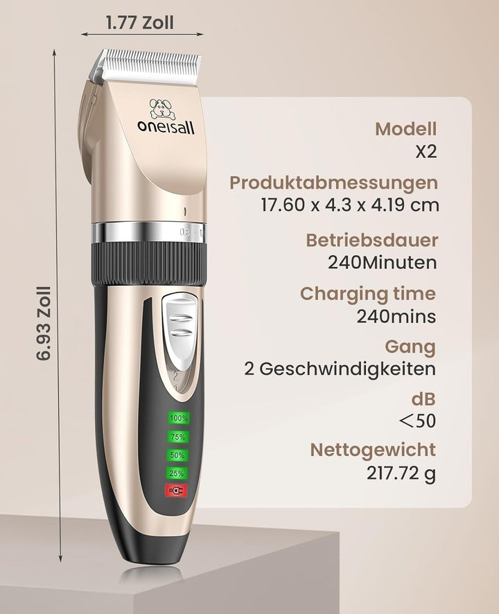 oneisall Dog Clippers Low Noise, 2-Speed Quiet Dog Grooming Kit Rechargeable Cordless Pet Hair Clipp