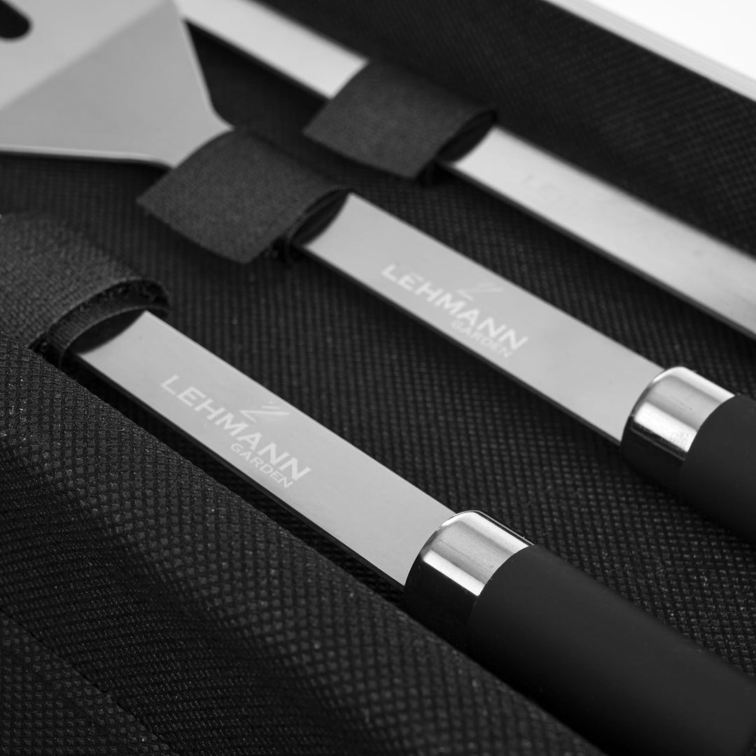 Lehmann Grillbesteck Set aus Edelstahl im Koffer | Grill Zubehör Set mit Pfannenwender, Gabel und Gr