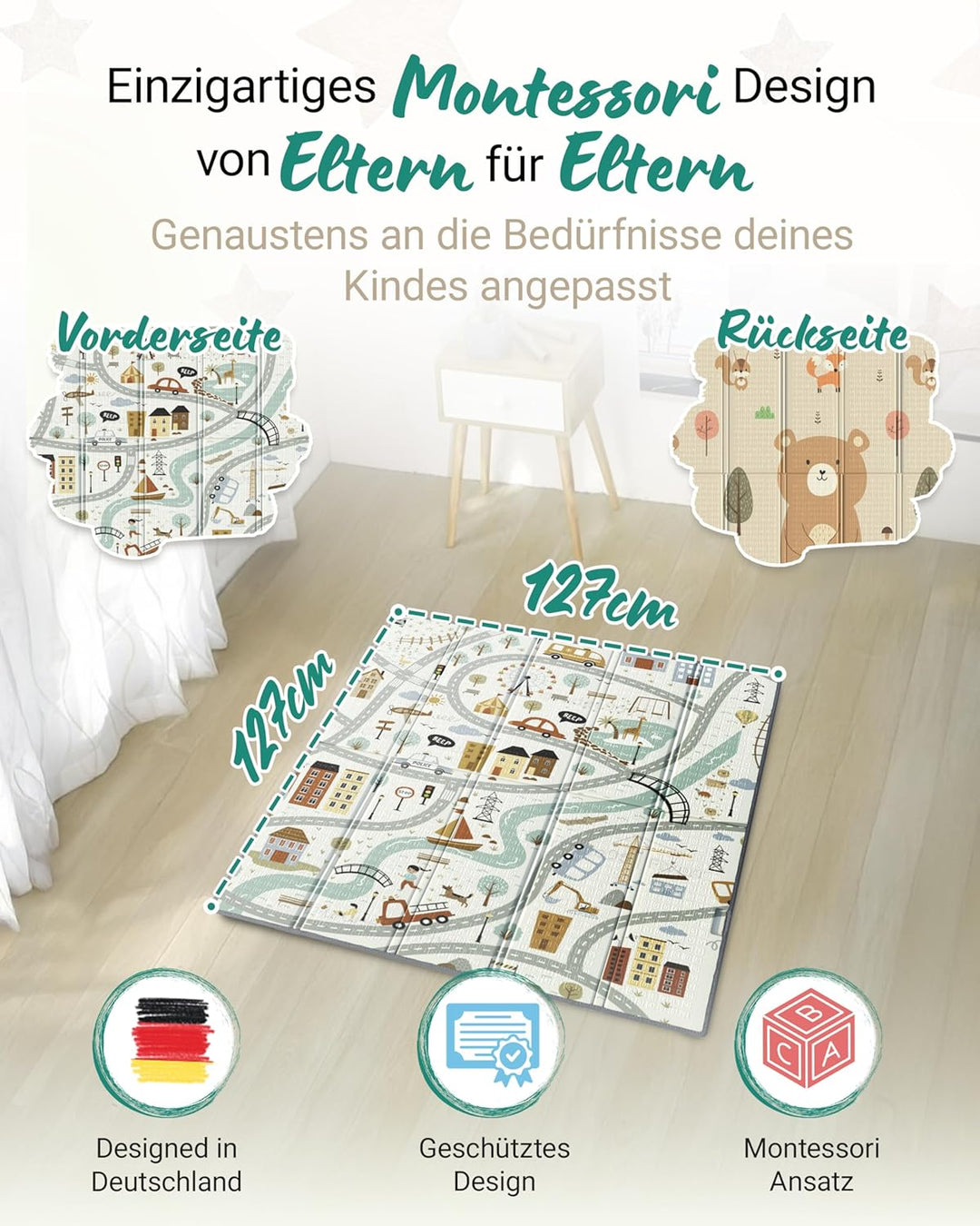 RAWVEL Krabbelmatte baby faltbar [127x127cm / 1cm Dick] Spielmatte Baby faltbar [100% BPA-Frei] Spie