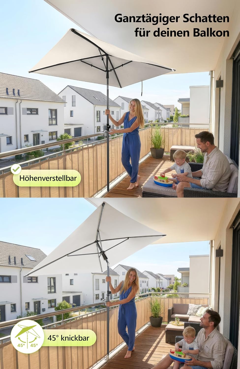4smile Sonnenschirm Balkon im Set – Sonnenschirm rechteckig 210×140 cm, UV 50+ Sonnenschutz Balkon,
