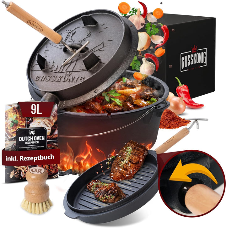 GUSSKÖNIG Dutch Oven Set [9L] - Eingebrannter Feuertopf mit innovativem 2in1 Deckelheber, Reinigungs