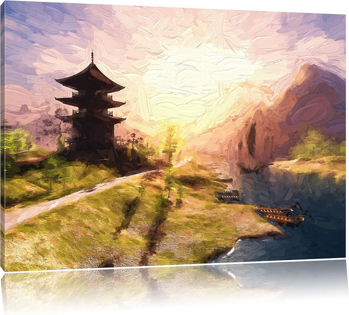 Pixxprint asiatischer Tempel an Fluss als Leinwandbild/Grösse: 100x70 / Wandbild/Kunstdruck/fertig b
