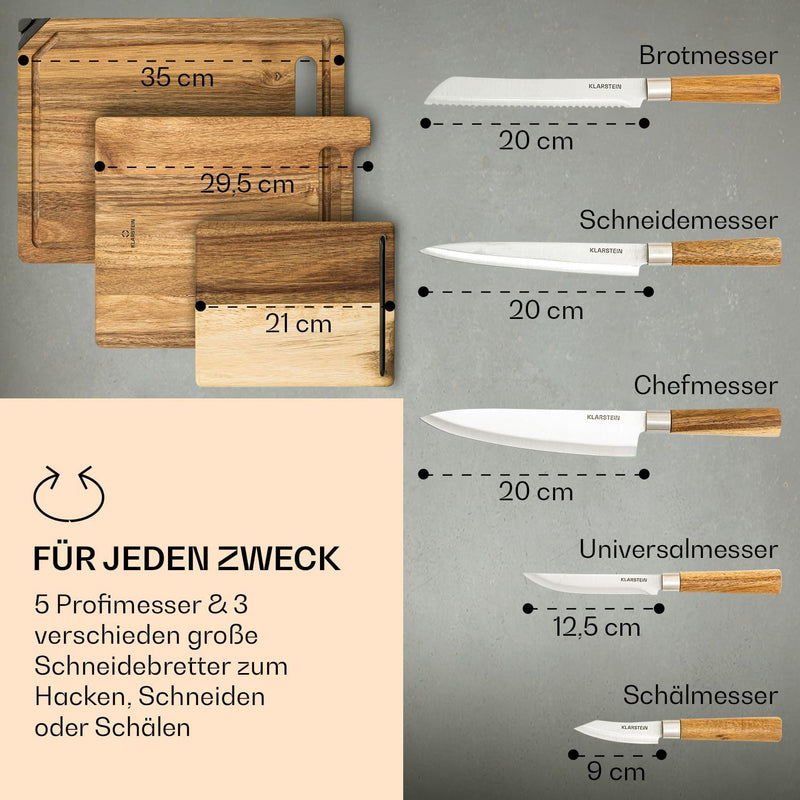 Klarstein Küchenmesser Set mit Messerblock Selbstschärfend, Messerset mit Akazienholz-Messerblock, 5