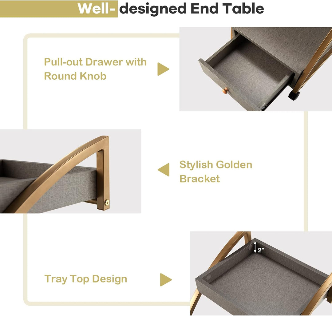 Giantex Beistelltisch C Form mit Rollen, Couchtisch Sofatisch mit Schublade & abnehmbarem Tablett, N