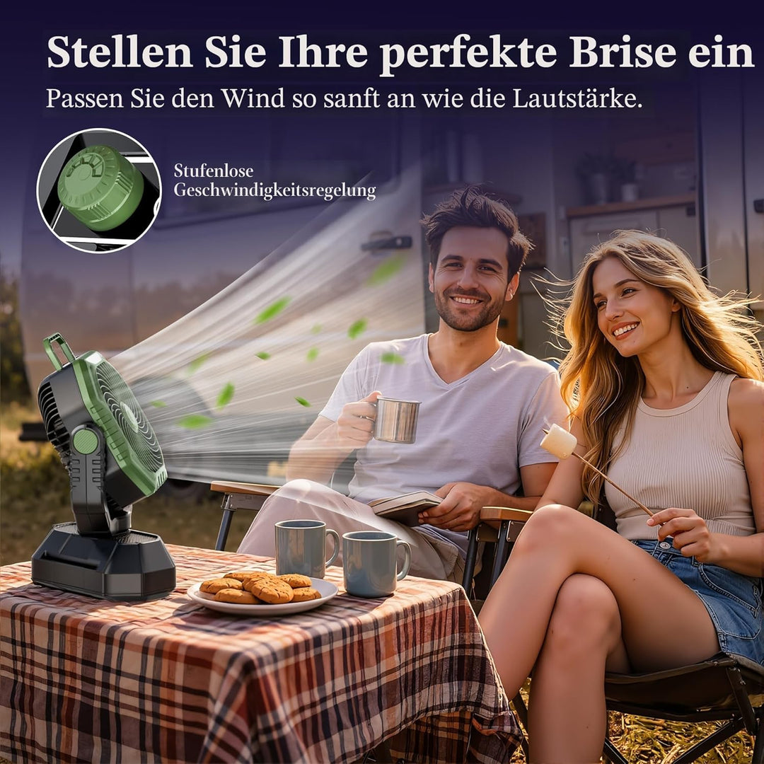 Camping Ventilator, 20000mAh Wiederaufladbarer Ventilator mit LED Licht & Haken, 270° Drehung, Stufe