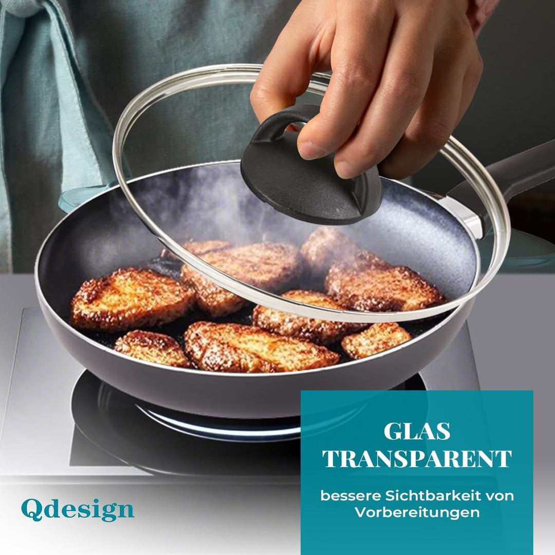 QDESIGN BLACK+ Pfanne aus Aluminium mit Antihaftbeschichtung, kratzfest, PFOA-frei, mit Glasdeckel -