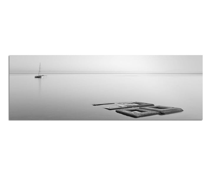 Paul Sinus Art Panoramabild auf Leinwand und Keilrahmen 150x50cm Meer Steine Boot minimalistisch