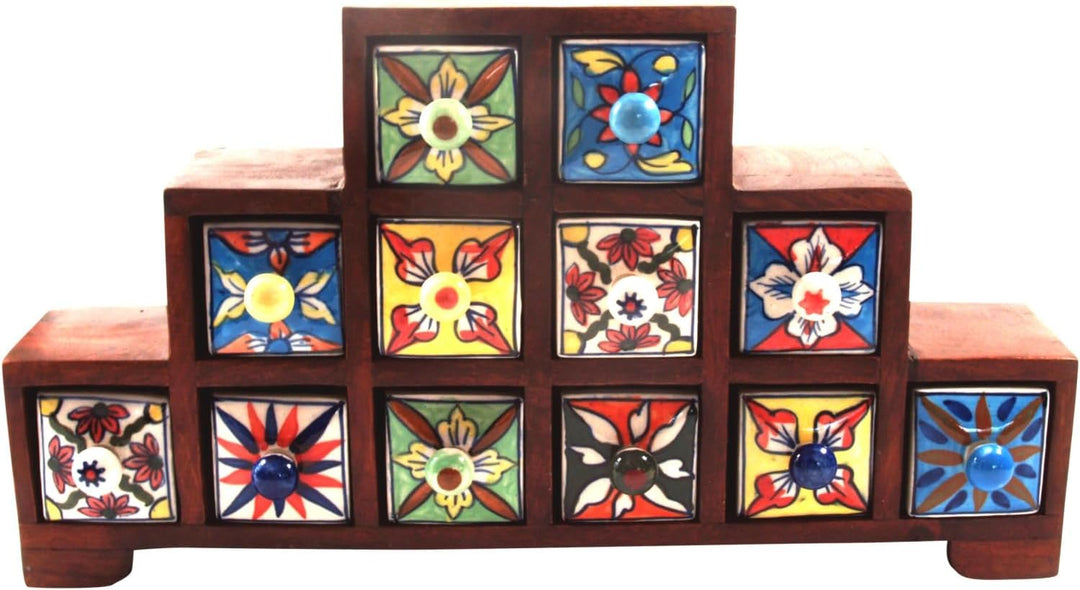 GURU SHOP Apothekerschränkchen mit Bunten Keramik Schubfächern, Gewürzkiste - 2,4,6 Fächer, 25x44x9