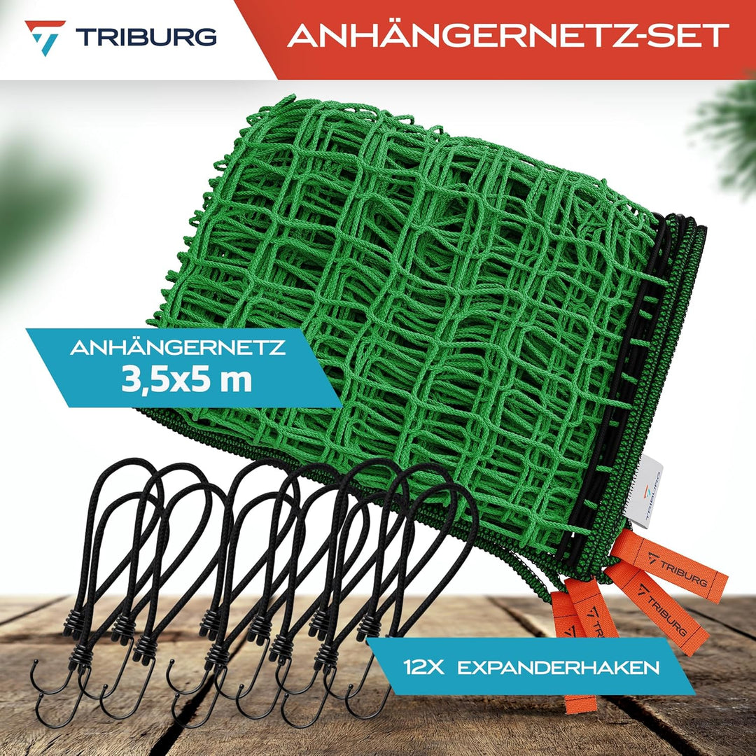 TRIBURG Anhängernetz 3,5x5 inkl. 12x Expander Haken - Anhänger Netz mit Eckmarkierungen und Randvers
