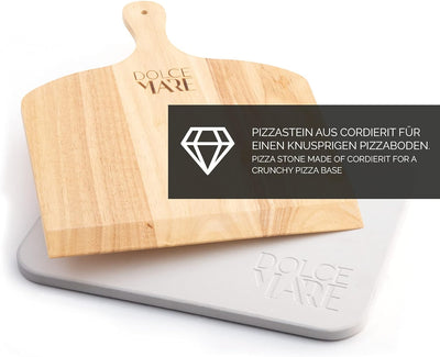 DOLCE MARE Pizzastein beige Inkl. Holz-Pizzaschieber - Pizza Stein aus hochwertigem Cordierit für Ba