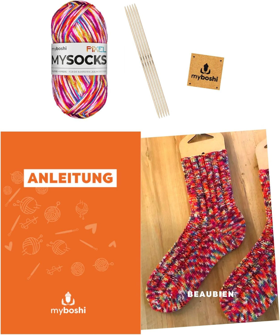myboshi Strickset Socken Beaubien, inkl. mysocks Pixel Sockenwolle, Nadelspiel, Anleitung Label in L
