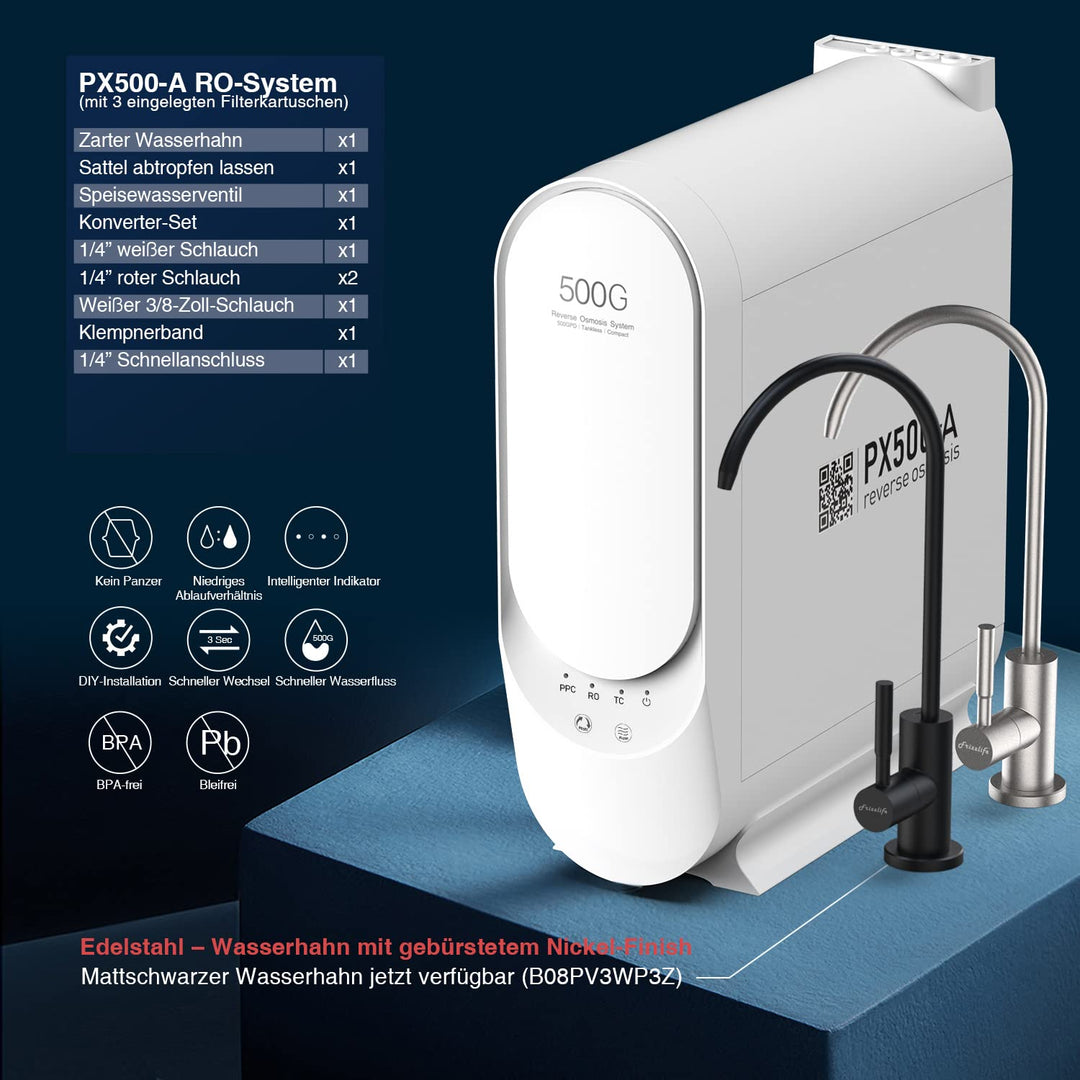 Frizzlife PX500-A Umkehrosmoseanlage,Wasserfiltersystem–alkalisch&Remineralisierung, kein wassertank