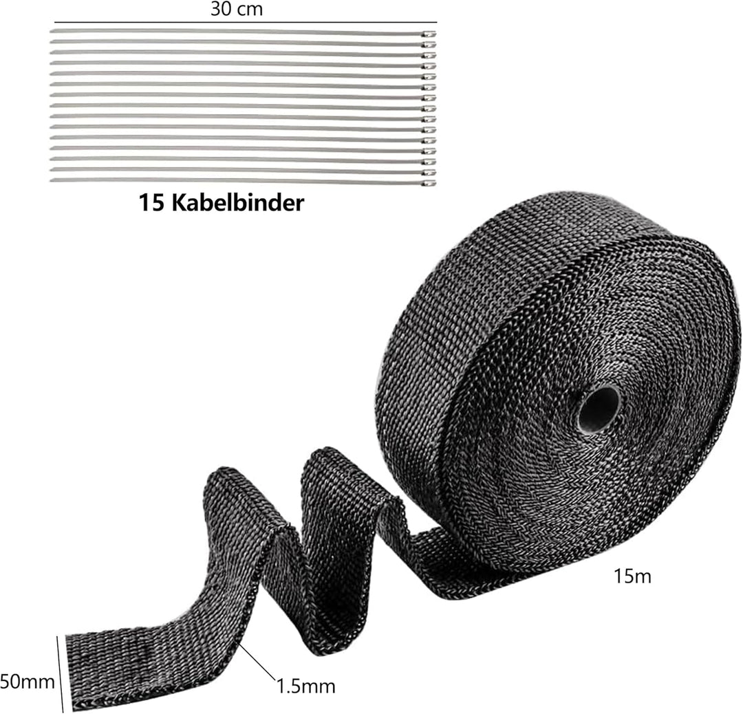 Hitzeschutzband Auspuff 15M X 5CM：Auspuff Dichtband Hitzebeständig mit 15 Edelstahl Kabelbinder Hitz