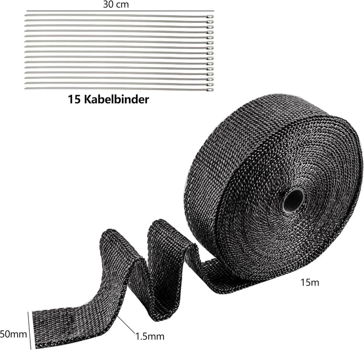 Hitzeschutzband Auspuff 15M X 5CM：Auspuff Dichtband Hitzebeständig mit 15 Edelstahl Kabelbinder Hitz