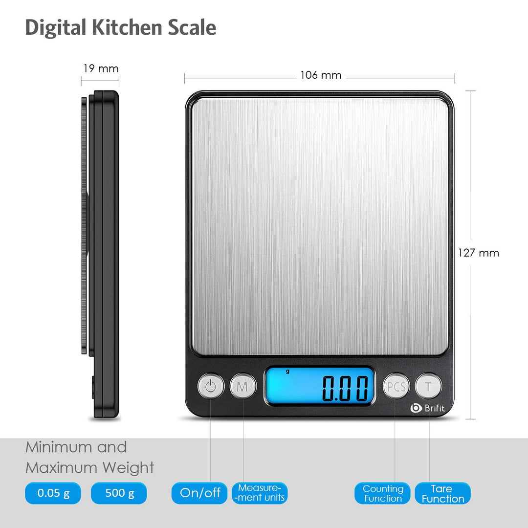Brifit Feinwaage 0.01g, 500g / 0,01g Digitale Waage, Taschenwaage mit EIN 100g Edelstahl Kalibrierge