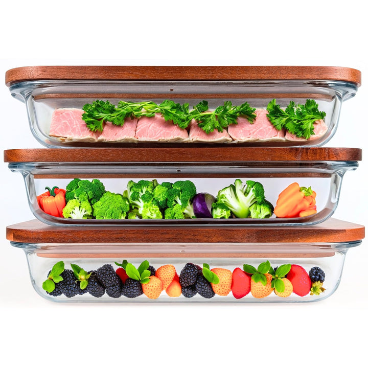GUTHE Lifestyle 3er Set Aufschnittboxen für Kühlschrank glas, stapelbare Frischhaltedosen mit Akazie