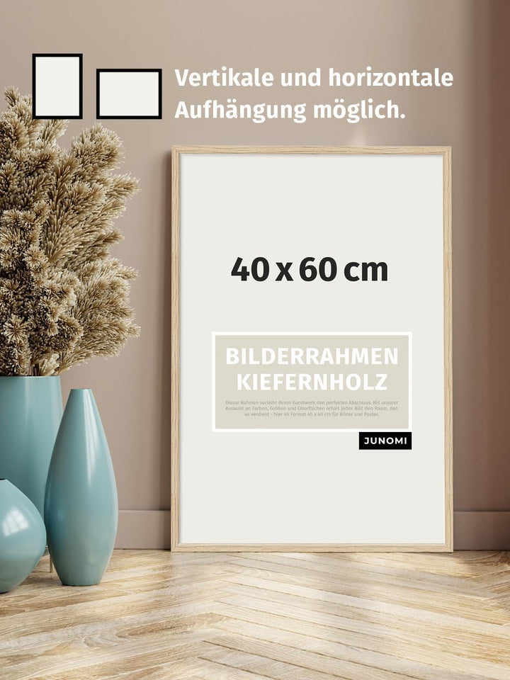 JUNOMI® Bilderrahmen 40 x 60 cm Holz | Farbe Eiche | Bilderrahmen Eiche mit bruchsicherem Acryl-Glas