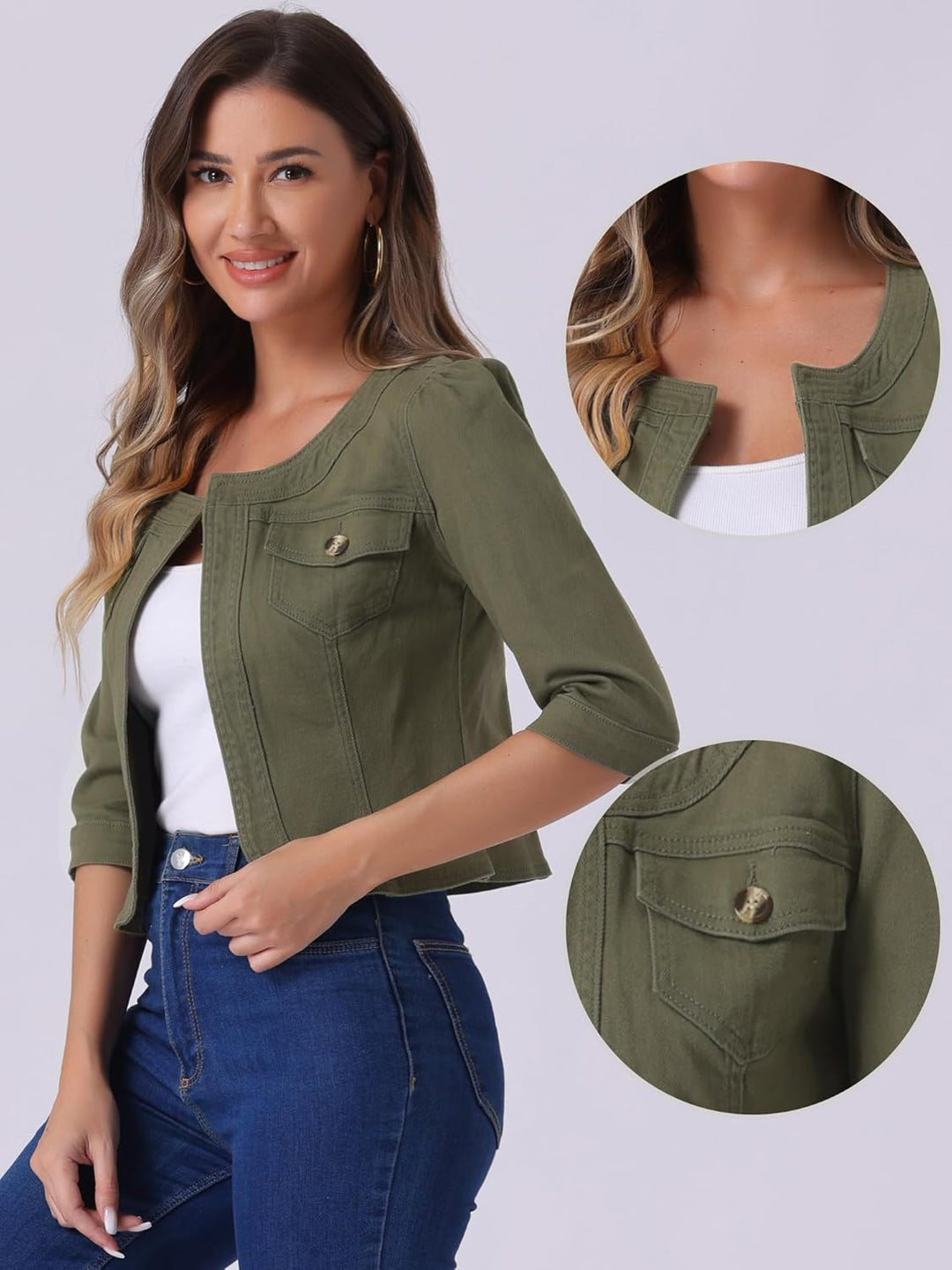 Allegra K Damen Jeansjacke 3/4 Ärmel Open Front Kragenlos Jacke mit Taschen M Armeegrün, M Armeegrün