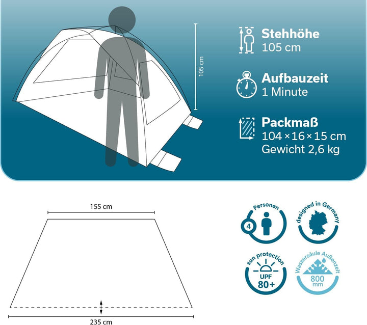 Skandika Strandmuschel Skal Quick-Start | Strandzelt, UV-Schutz 80+, 360° Mesh-Panoramafenster, Wind