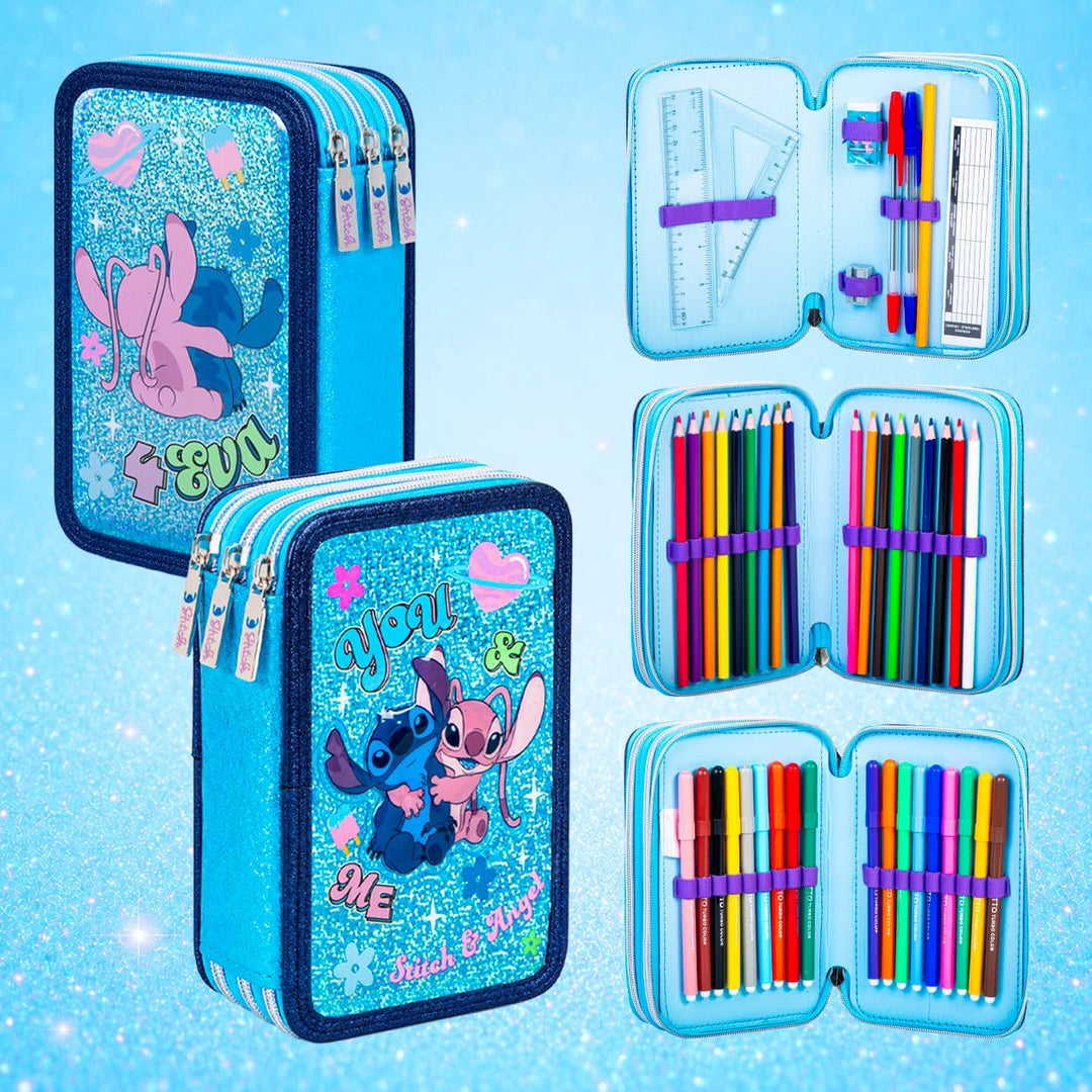 Stitch &amp; Angel 3D-Glitzer-Etui (2026–2027) mit 3 Reissverschlüssen – Luxuriöses Mäppchen mit 3 Fäche
