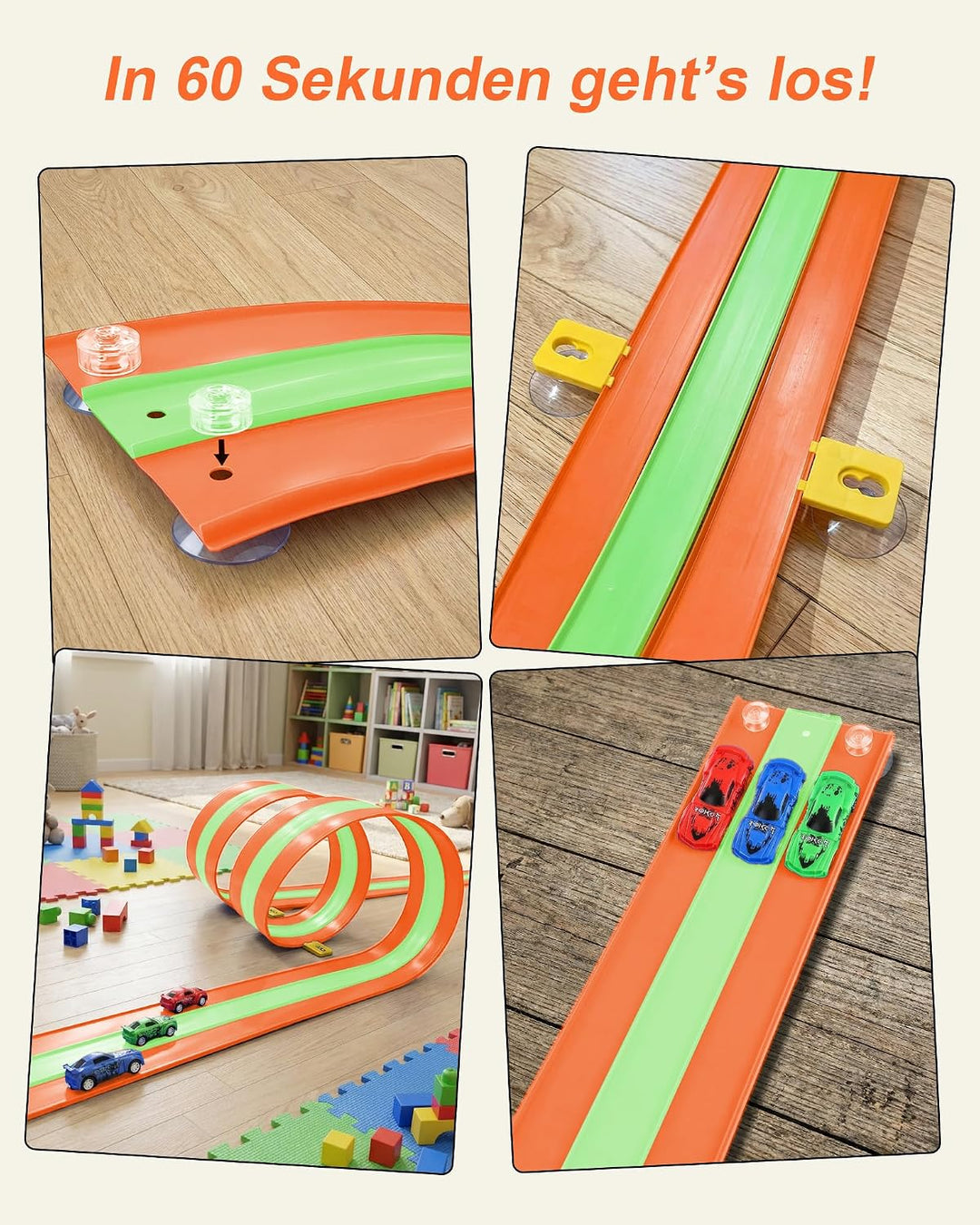 Flexible 3-Spur-Rennbahn für Kinder, 5 m Lange aufrollbare Rennbahn mit 6 Autos, batterieloses Set o