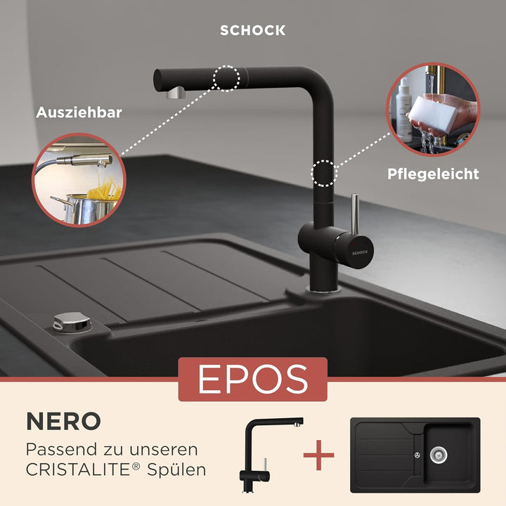 SCHOCK Küchenarmatur Epos Nero – Hochdruck Armatur mit ausziehbarer Schlauchbrause Schlauchbrause Ne