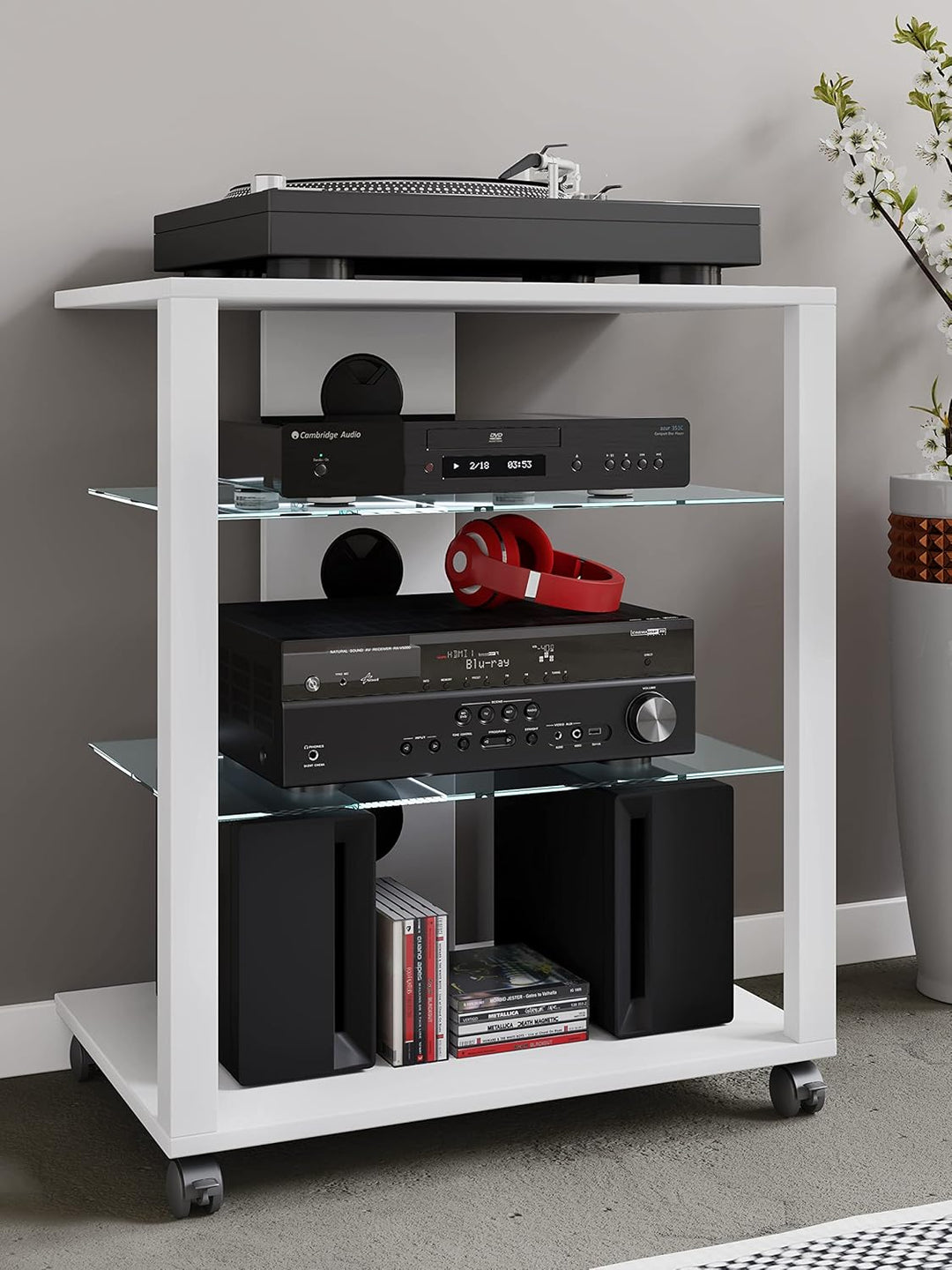 VCM HiFi Holz Möbel | Rack Schrank Phono Regal mit Rollen | 2 Glasböden | Masse: H. 70 x B. 60 x T.