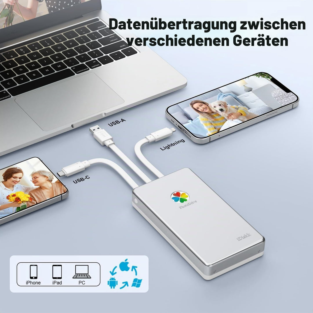 iDiskk 500 GB MFi-zertifizierte tragbare 3-in-1-Festplatte, mit 3 integrierten Kabeln, zur Datensich
