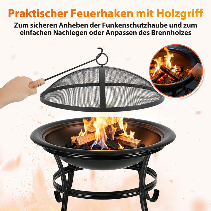 Feuerstelle Ø55cm mit Funkenschutz Schürhaken und wärmeisoliertem Ø 55 cm Set, Ø 55 cm Set