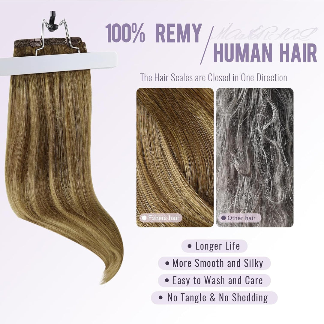 Fshine Echthaar Extensions Clip, 40cm 16 Zoll 120g 7 Stück BalayageSchokolade Braun Mxied Karamell B