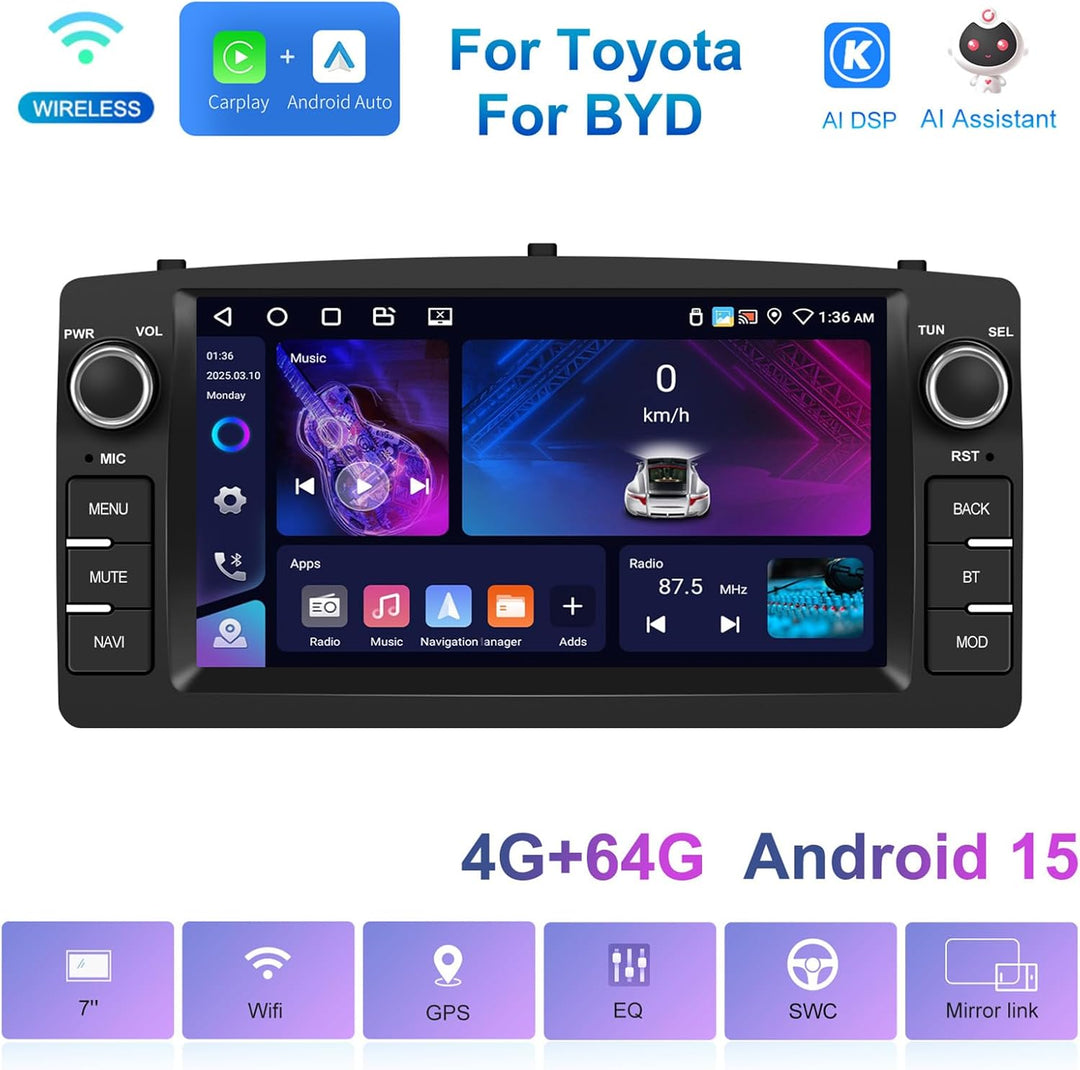 CAMECHO 4+64G 7 Zoll Android 15 Autoradio für Toyota Corolla E120 E130 2000-2007 BYD F3 2006-2013, R