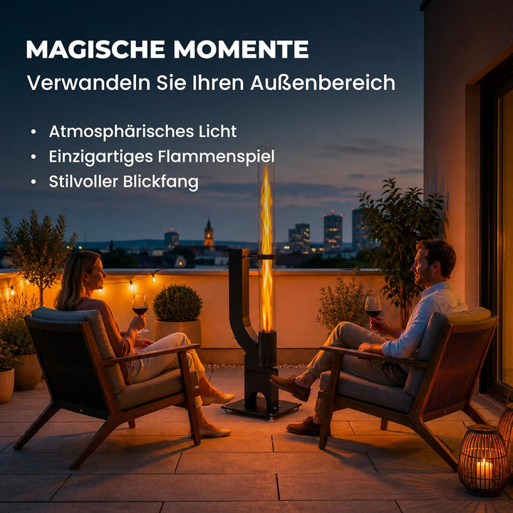 Lemodo Pelletfackel Prime, Feuersäule Outdoor mit Glasröhre, für Garten & Terrasse, für Holzpellets,