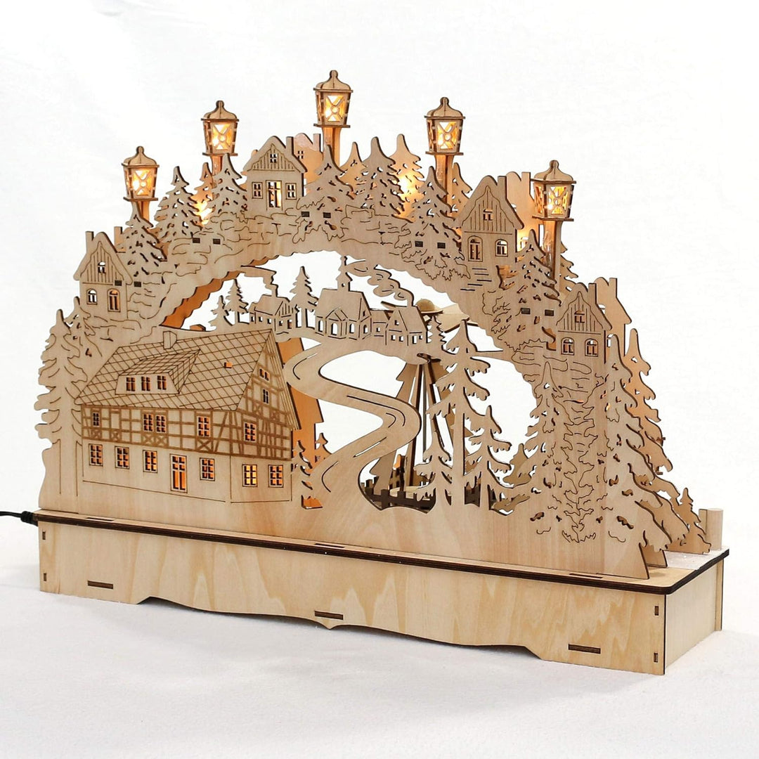 Dekohelden24 LED Holz Schwibbogen mit bewegter Weihnachtspyramide, Motiv: Bergmänner, L/B/H ca. 45 x