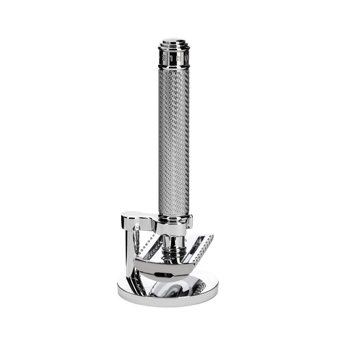 MÜHLE Traditional Rasierset - Rasierhobel mit offenem Kamm und Ständer aus verchromtem Metall Chrome
