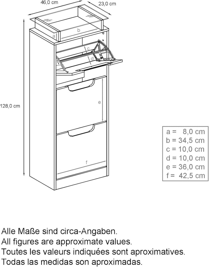 Vladon Schuhschrank Space V2, Schuhkipper für 12 Paar Schuhe mit 3 Klappen und Glasablage, Weiss mat