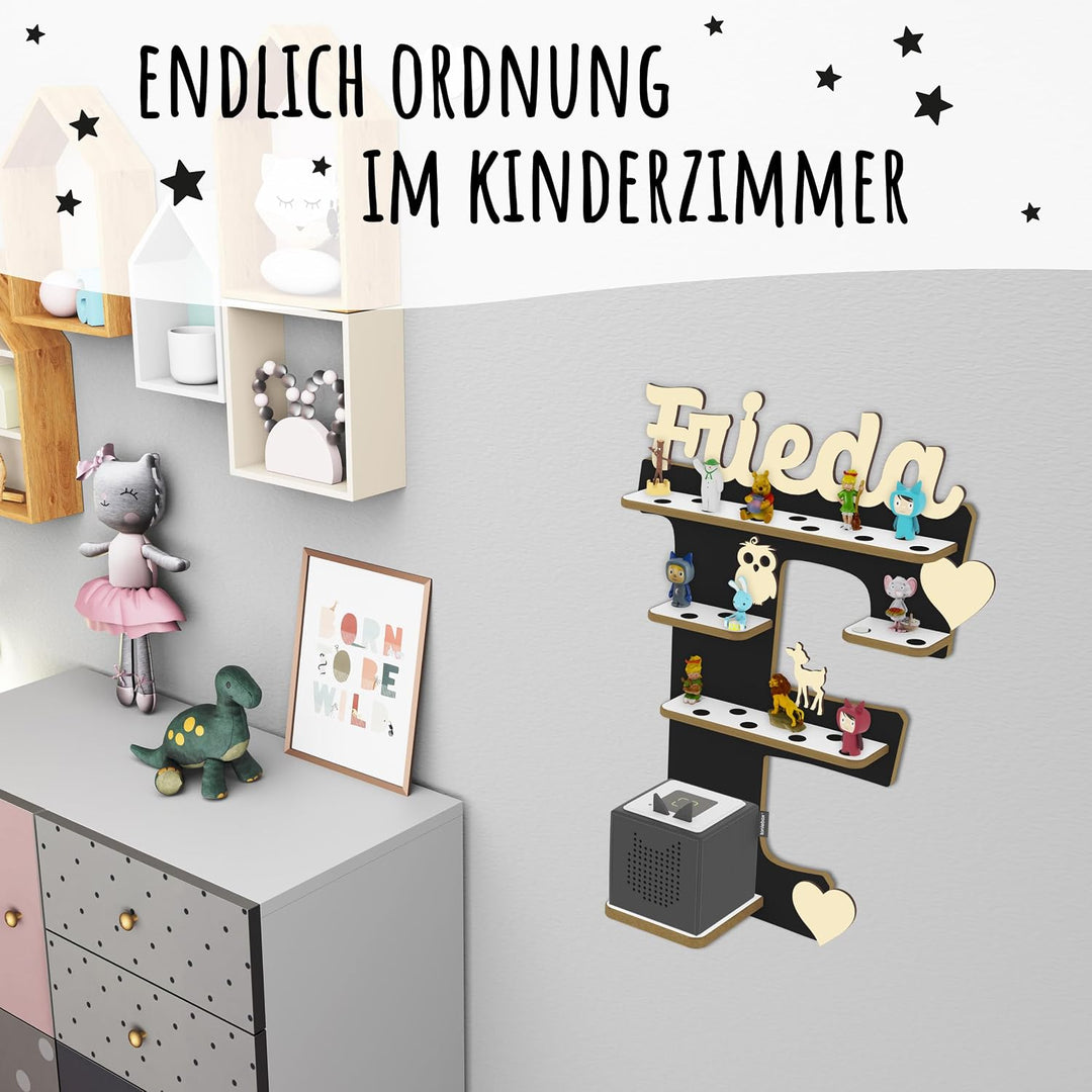 Regal Buchstabe für Toniebox, Wandregal für Tonie Figuren, personalisiert mit Name, Aufbewahrung für