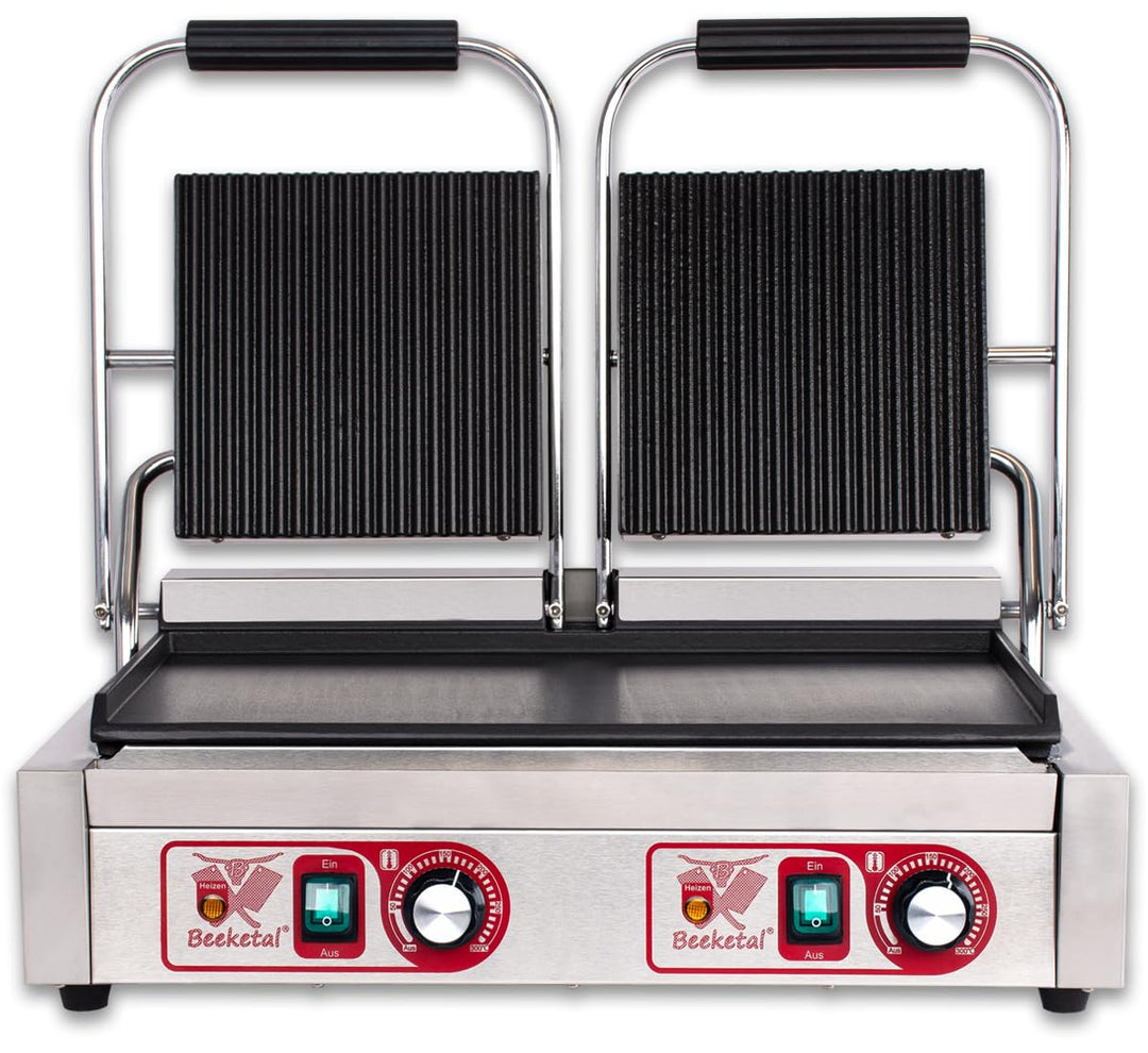 Beeketal 'BKG8' Gastro Doppelt Kontaktgrill mit Gusseisen Grillpatten (oben gerillt unten glatt) mit