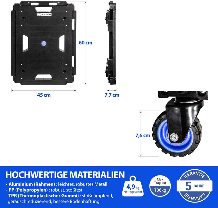 HOSTRÖM Klappbarer Rollwagen, Möbelroller, Umzugshilfe, Möbeltransport, 4 lenkbare 360° Rollen, Max.