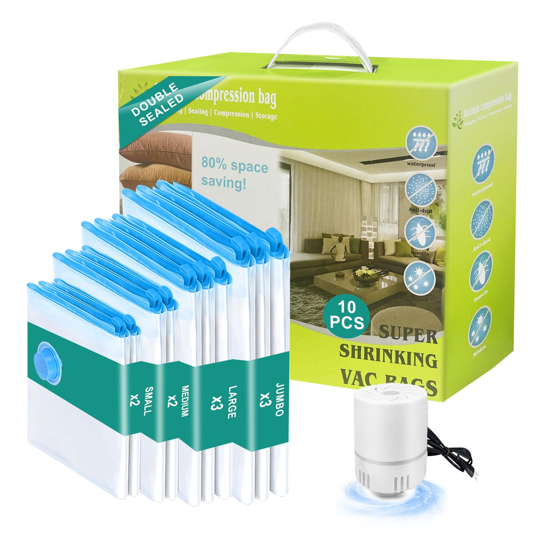 Vakuumbeutel für Kleidung mit Elektrischer Luftpumpe, PARPAT 10 Stück (3 Jumbo 100x80cm &3 Gross 80x