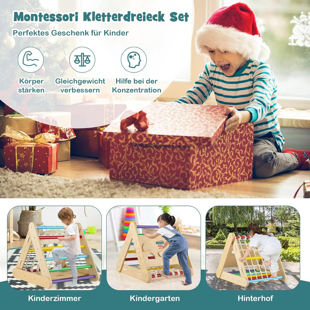 DREAMADE 4 IN 1 Kletterdreieck mit Rutsche und Kletternetz, Holzdreieck Kletterspielzeug aus Holz, I