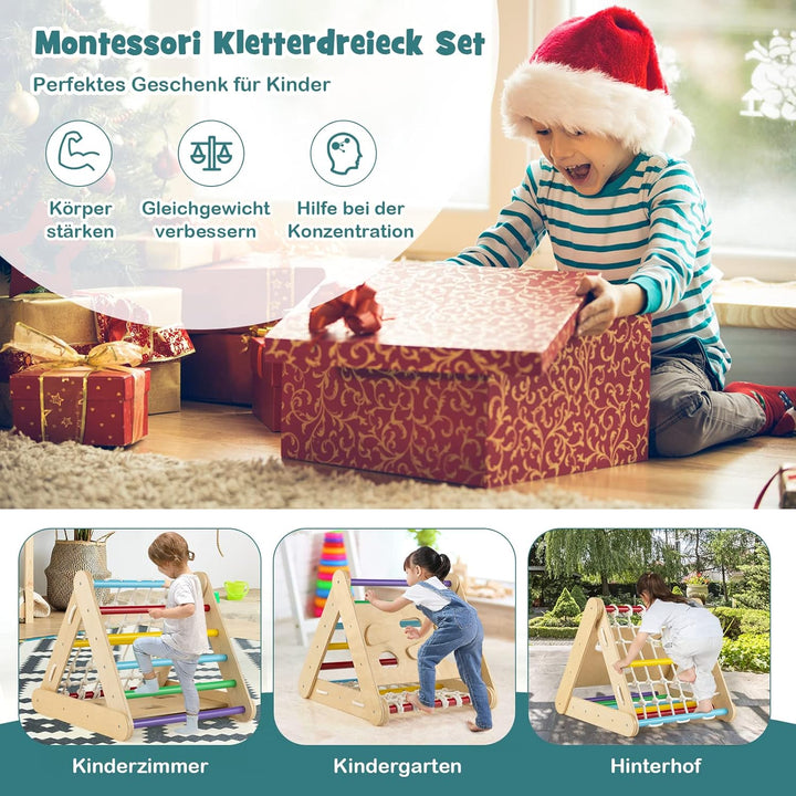 DREAMADE 4 IN 1 Kletterdreieck mit Rutsche und Kletternetz, Holzdreieck Kletterspielzeug aus Holz, I