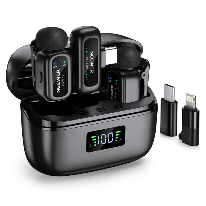 NEEWER KM19 drahtloses Lavalier Mikrofon, 48kHz/24 Bit, 30h Akkulaufzeit, 3 stufige Geräuschunterdrü