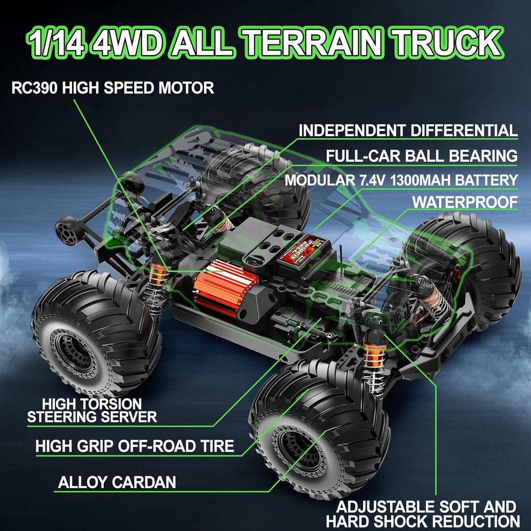 Ferngesteuertes Auto 1:14 RC Auto 4WD 40+ km/h Off Road Monster Truck, RC Car mit 2× 7,4V 1300mAh Ak
