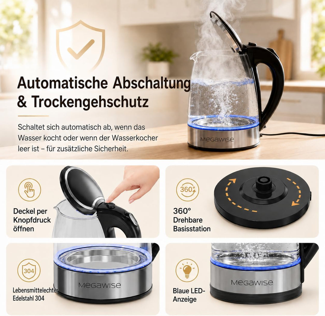 MEGAWISE 1.8L gesunder elektrischer Wasserkocher, 1000W Borosilikatglas Teekessel mit Lebensmittelqu