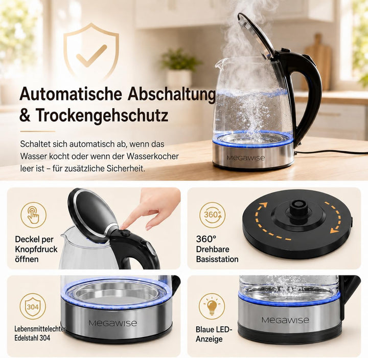 MEGAWISE 1.8L gesunder elektrischer Wasserkocher, 1000W Borosilikatglas Teekessel mit Lebensmittelqu