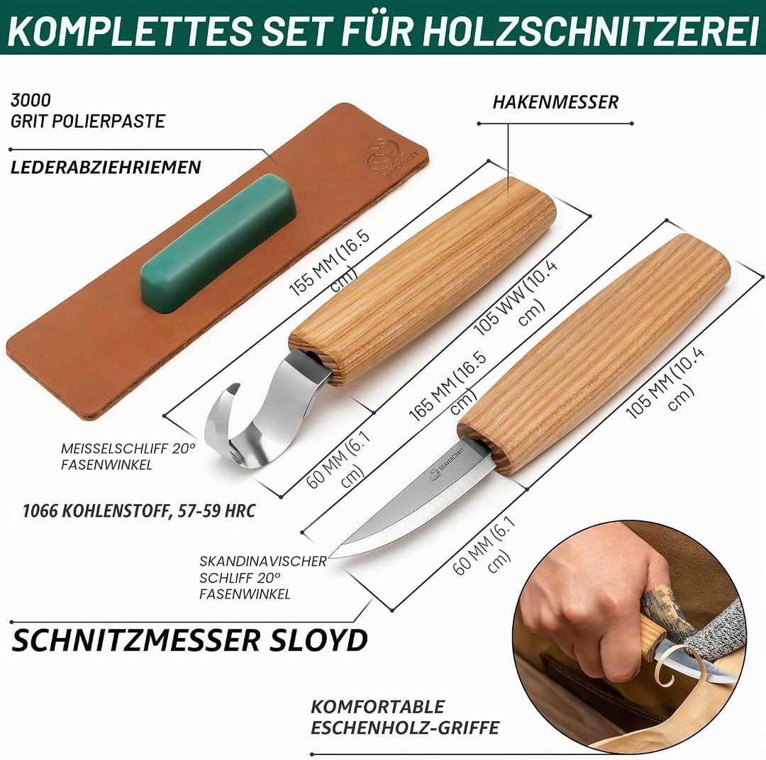 BeaverCraft S01 Löffelschnitzmesser Set – Holzlöffel Schnitzwerkzeug für Rechtshänder – Hakenmesser,