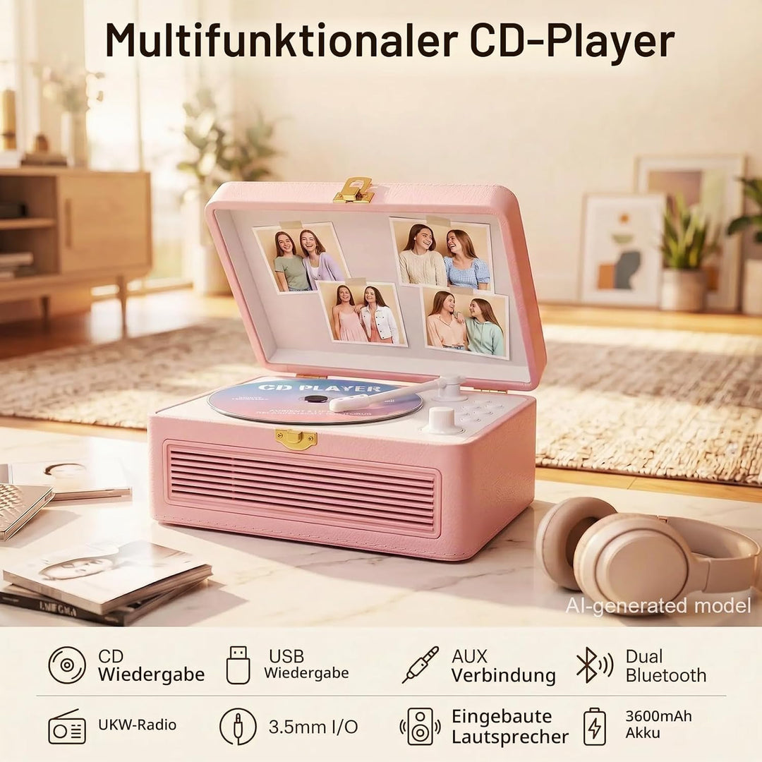 Gueray Tragbarer Bluetooth CD-Player mit Lautsprechern 3600mAh Wiederaufladbarer Vintage CD Spieler