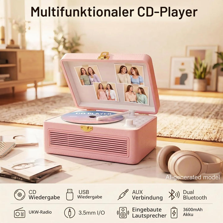 Gueray Tragbarer Bluetooth CD-Player mit Lautsprechern 3600mAh Wiederaufladbarer Vintage CD Spieler