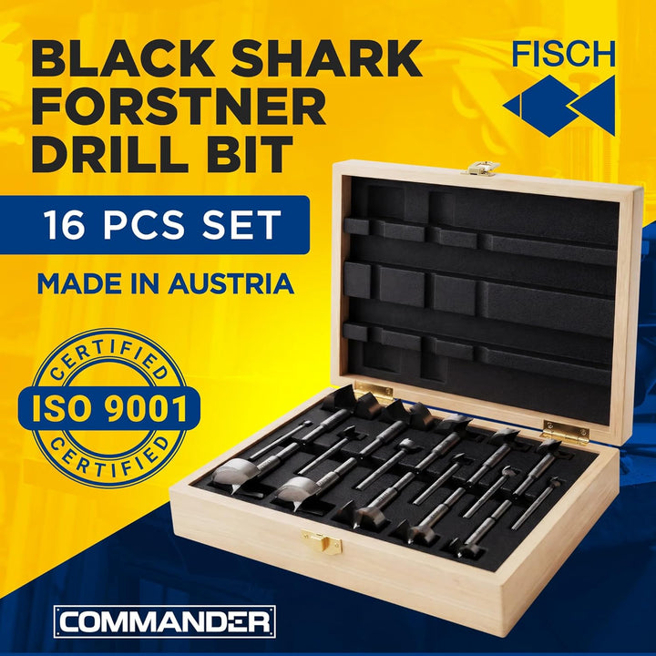 Fisch FSA-367208 Black Shark Forstner Bohrer-Set, individuelle Holzbox, inkl. Bits von 1/4 Zoll bis