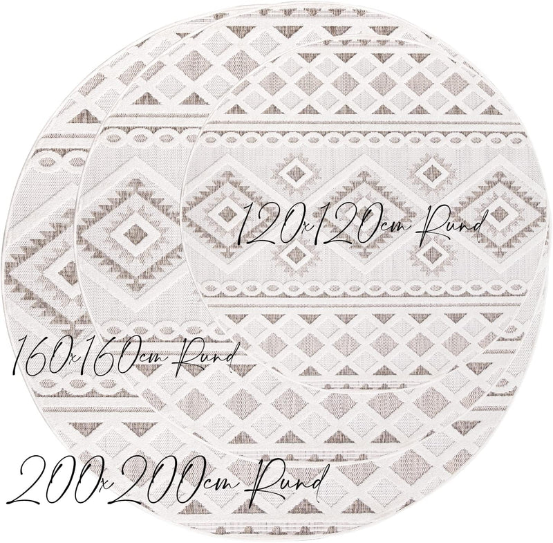 payé Teppich Outdoor Indoor - Rund 120cm - Raute Ornamente Creme Braun Weiss - Boho Design Modern Vi